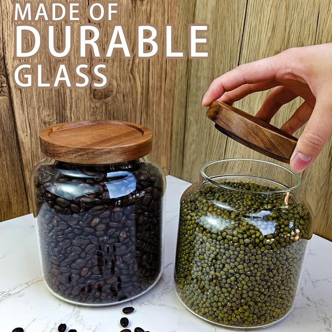 1PC Glass Storage Jars with Airtight Lids, 44 fl oz (1300ml) coffee container with Wooden Lid, Glass Pantry Canister for Beans, Rice, Sugar and etc