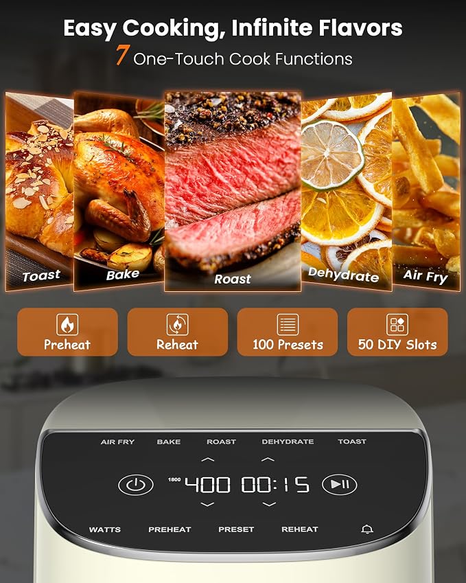 Nuwave Brio Plus Air Fryer 8 Qt, New & Improved, PFAS-Free Ceramic Coating | 7 Digital One-Touch Cook Modes:Air Fry/Bake/Roast/Dehydrate/Toast/Reheat/Preheat; 150 Presets; 50–400°F; 700/1500/1800W;Cream