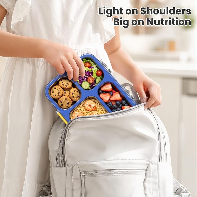 HOMEKOL Stainless Steel Bento Lunch Box, 4 Cups, Blue | 4-Compartment Leak-Proof Metal Lunch Container for Kids & Adults, BPA/BPS-Free, Dishwasher Safe, Clear Lid, (Not Insulated)