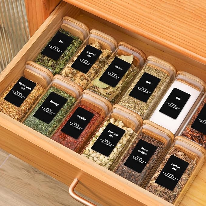 ComSaf Glass Spice Jars with Labels 10 oz 6 Pack Large Square Bamboo Lids | Empty Containers, Seasoning Herbs Powders, Salt Pepper Chili, Kitchen Cabinet Storage Starter Set, Dry Goods
