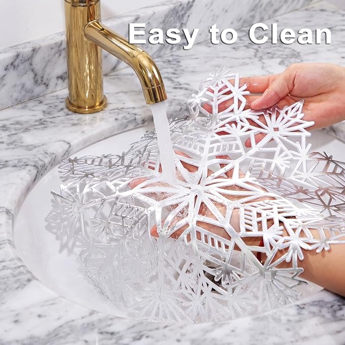 ADRIMER Snowflake Placemats Set of 6, Silver Vinyl Table Mats 15 Inch | Easy to Clean Placemat, Heat Resistant Hollow Wipeable Table Placemats for Thanksgiving Christmas Wedding Holiday Decor