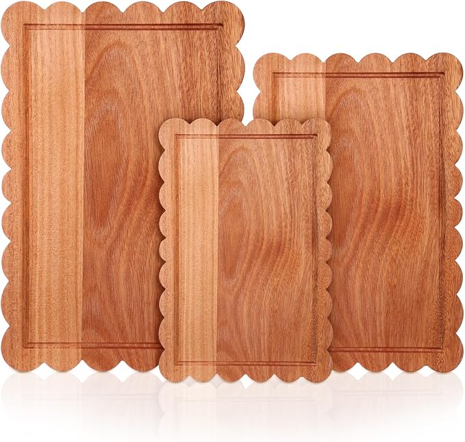 3 Pcs Walnut Wood Scalloped Cutting Boards for Kitchen, Medium | Juice Groove, Blank Wood Charcuterie Tray, Snack Cheese, Appetizers Grazing Platter, Engraving Gift, Crafts Rustic Wall