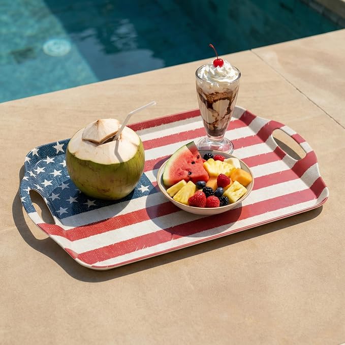 KINGEN 2-Pack Patriotic Bamboo Fiber Serving Trays - 17.3×12.2-inch Extra Large w/Handles Tray, Stars & Stripes Platters for 4th of July, Christmas, BBQ (4th of July Red White Blue Star, 17.3inch)