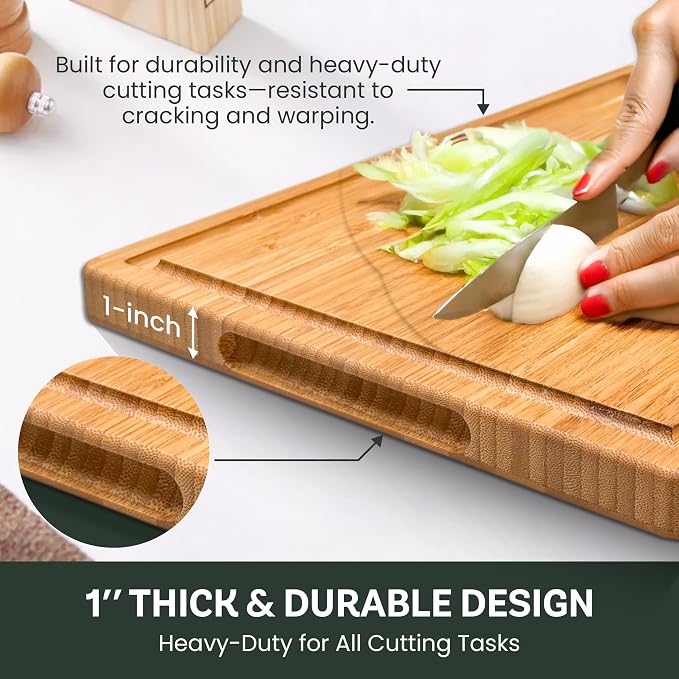 Bamboo Cutting Board for Kitchen - 17" Large Wooden Cutting Board, Heavy Duty Chopping Board with Side Handles, Deep Juice Groove, Reversible Charcuterie & Cheese Board for Meat and Serving