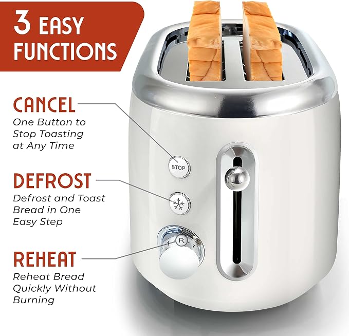MUELLER HOME Retro Toaster 2 Slice, 7 Browning Levels | 3 Functions (Reheat, Defrost, Cancel), Stainless Steel Features, Removable Crumb Tray, Under Base Cord Storage, White