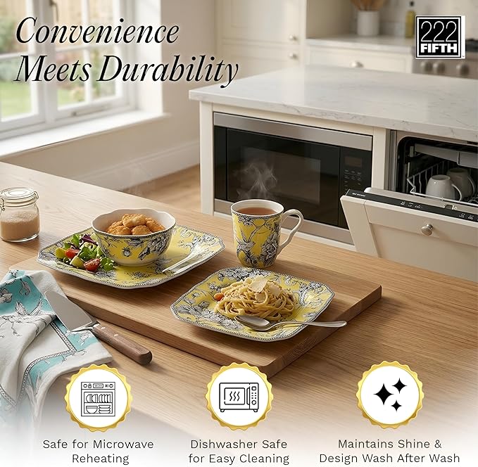 222 Fifth Adelaide Yellow 16-Piece Floral Porcelain Dinnerware Set | Microwave and Dishwasher Safe Dining Set for 4 | Stackable & Chip-Resistant Plates Bowls and Cups | Gift for Housewarming & Wedding