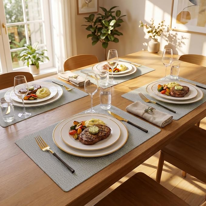 Romanstile Vinyl Placemats Set of 6-12 X 17 Inch - Faux Leather 100% Waterproof Wipeable Anti Slip Place Mats, Heat Resistant Reversible PU Table Mats for Kitchen Dining Party Outdoor, Light Grey