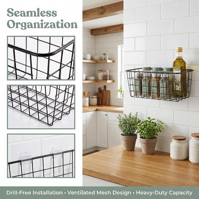 2 Set Adhesive Hanging Wall Basket Inside Cabinet Door Organizer,Wall Storage Basket-No Drilling Adhesive wall Basket for Cupboard Door,Space-Saving Small Hanging Baskets for Wall Mount Storage,Black