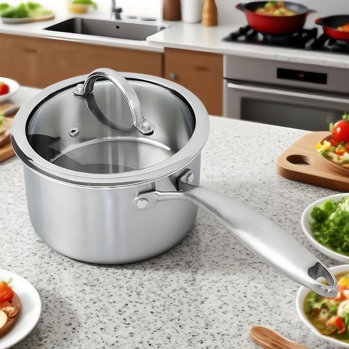 Stainless Steel Small Brushed Saucepan With Lid, Induction Cooking Sauce Pot Pans, 18/10 Tri-Ply Heavy Bottom Saucier Cookware, Dishwasher Safe & Oven Safe (1.5QT)