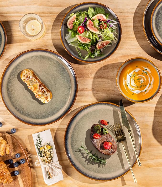 Ceramic Dinnerware Set for 4, 12-Piece Plates and Bowls Set | Handmade Reactive Glaze Dish Set, Scratch Resistant, Oven & Microwave & Dishwasher Safe, Coffee Bean
