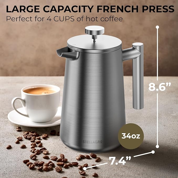 French Press Coffee Maker, Stainless Steel French Press 34 Oz / 1L, Double Wall Insulated Coffee Press with 3 Extra Mesh Filters, Metal Coffee Maker for Coffee & Tea, Satin Finish, Silver
