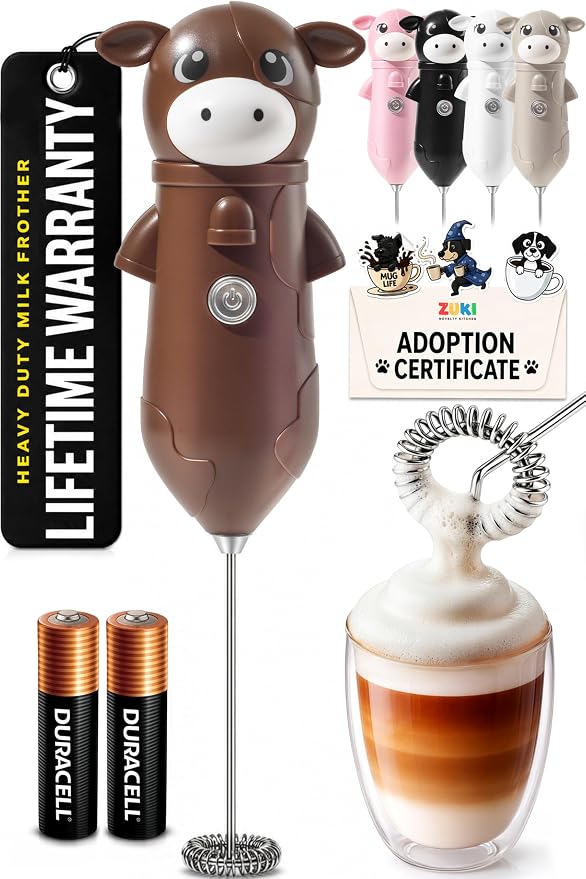 Zulay Kitchen Cow Milk Frother Wand – Cutesy Frother, Meet Your New Frothing Buddy Chocolate The Cow, Adoption Papers and Stickers Included, Purrr-fect for Lattes, Cappuccino & Matcha – Brown