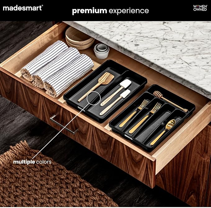 madesmart Classic 2 Compartment Compact Kitchen Tool Tray, White | non slip feet, rounded corners, soft grip lining, wide channels, spatulas whisks tongs, ladles serving spoons, woman owned