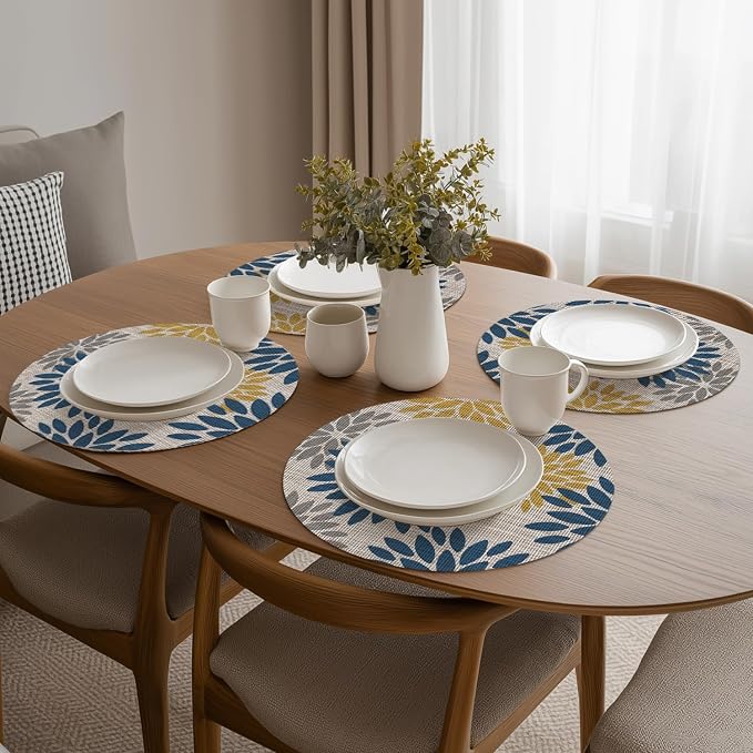 Artoid Mode Navy Yellow Dahlia Plastic Round Placemats Set of 4, 14 Inch Seasonal Wipeable Woven Vinyl Table Mats for Farmhouse Party Kitchen Dining Decor