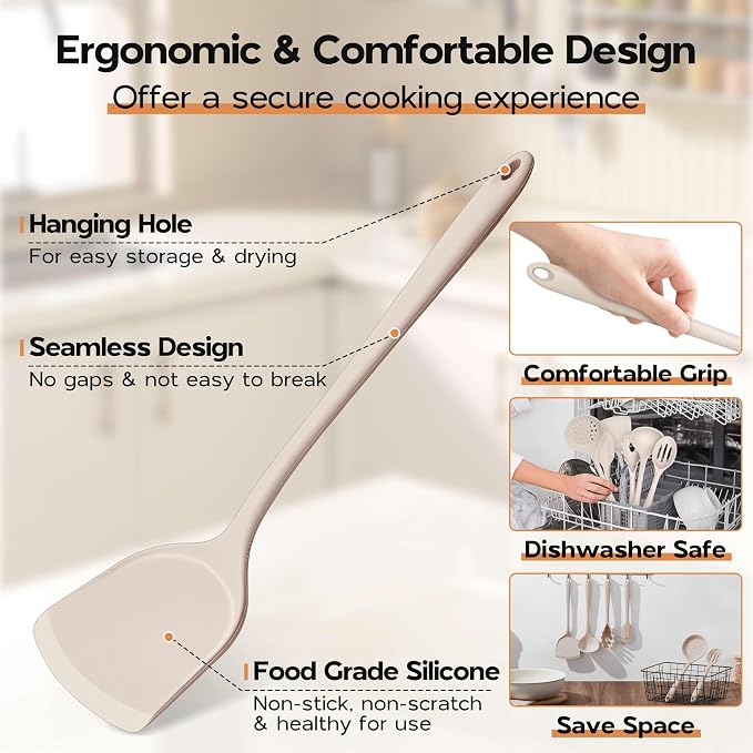 Onader Kitchen Utensils Set, Silicone Non Toxic Cooking Utensils, Khaki | 6 Pcs Heat Resistant Kitchen Gadgets Set for Nonstick Cookware, Dishwasher Safe