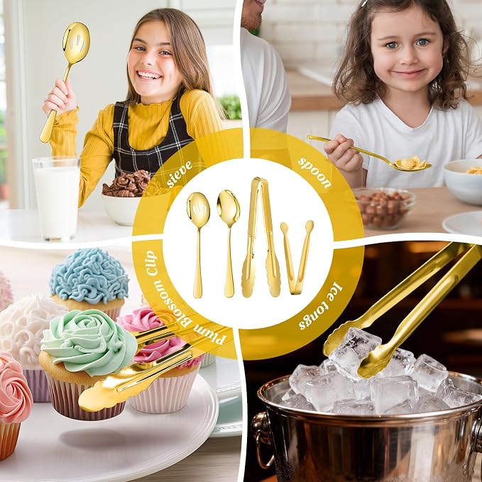 Mwellewm 18Pcs Serving Utensils Set Serving Tongs Serving Spoons for Buffet | Dishwasher Safe, Gold Stainless Steel Tableware, Metal Cutlery, for Parties Weeding Entertaining Catering Banquet Birthday