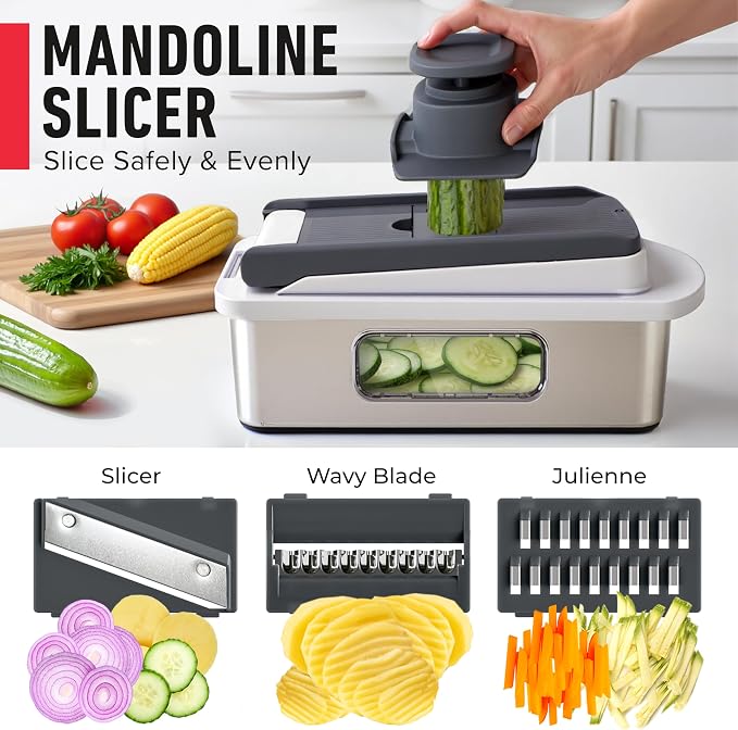 MUELLER HOME Pro-Series 10-in-1, Stainless Steel Multi Vegetable Chopper | 8 Blade Mandoline Slicer, Kitchen Accessories and Essentials, Food and Veggie Chopper, Mincer, Dicer, White Sand/Grey