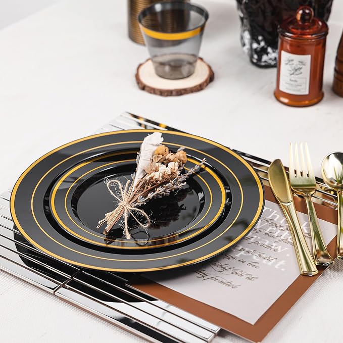 600PCS Black Gold Plastic Plates, Disposable Dinnerware Set for Party | 100 Guest, 100 Dinner & Dessert Plates, Forks, Spoons, Knives, Cups, for Birthday, Graduation, Retirement & Wedding