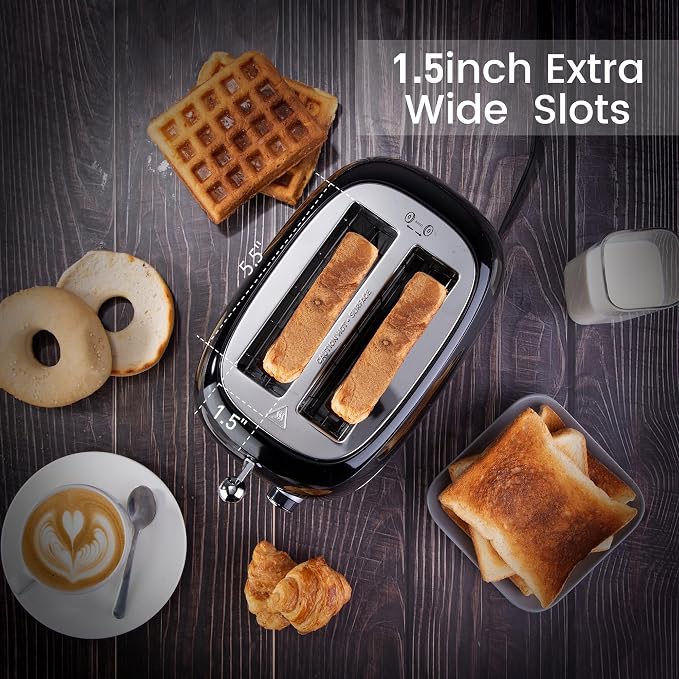 Roter Mond 2 Slice Toaster Retro Stainless Steel with Bagel, Cancel, and Defrost Functions, 6 Bread Shade Settings, Extra Wide Slots and Removable Crumb Tray, Black