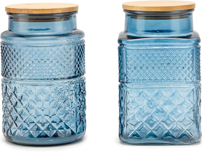 60 FL oz/0.5 Gal Glass Jar with Vintage Pattern and Airtight Lid,Set of 2 | Kitchen Pantry Thick Glass Container for Flour Sugar Cookie Coffee Laundry Pods, Wide Mouth Opening and Airtight Bamboo lid