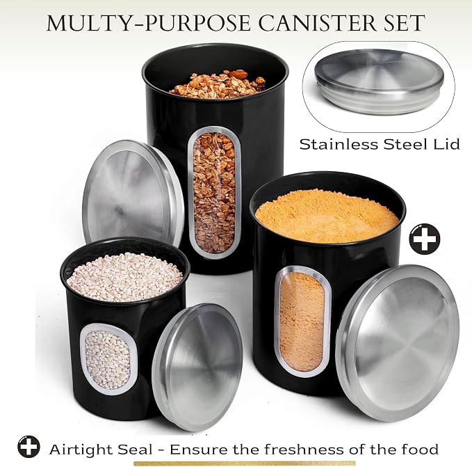 Mixpresso 3-Pcs Black Canisters Set for Kitchen Storage Airtight Jars | See-through window, coffee container, tea organizer, sugar canister, 3 nesting sizes, counter decor, easy press-on lids