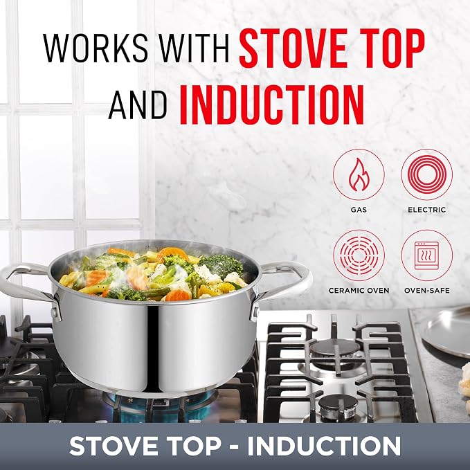 Stainless Steel Stockpot with Tempered Glass Lid 3 Quart,Durable 18/0 Stainless Steel,Impact-Bonded Base for Even Heating,Riveted Handles,Oven&All Stove Compatible,Safe Up To 500°F (260°C) (Pack of 2)
