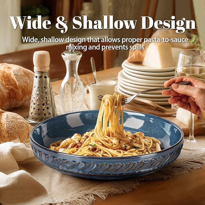 Pasta Bowls, 50oz Large Salad Serving Bowls, 9.75'' Plates Bowls Set of 4, Big Ceramic Soup Bowls for Kitchen, Embossment Shallow Dinner Bowl, Microwave Dishwasher Safe, Willow Leaf, Blue