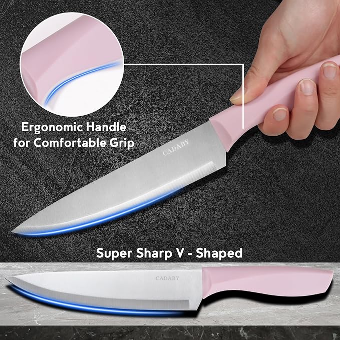19 PCS Pink Kitchen Cooking Utensils Set Kitchen Tools Set | 6 Stainless Steel Knives, 11 Silicone Utensils with 1 Cutting Board, Ideal for Apartment