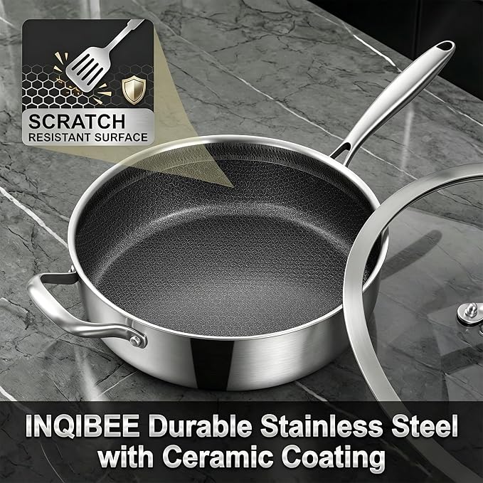 Inqibee 5QT Hybrid Nonstick Stainless Steel Sauté Pan with Lid | Honeycomb Tri-ply Stainless Steel Deep Frying Pan, Large Skillet for Sautéing, Frying & Family Meals, Induction Compatible