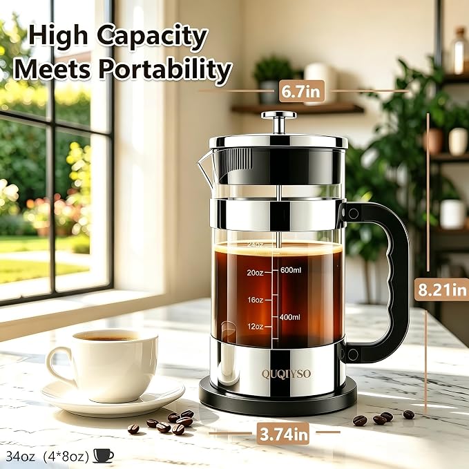 QUQIYSO French Press Coffee Maker 34oz, Thickened Glass Coffee French Press | Stainless Steel Coffee Press, 4 Filter Easy to Clean, Cold Brew Coffee Maker, Suitable for Kitchen Party Gifts(Silver)