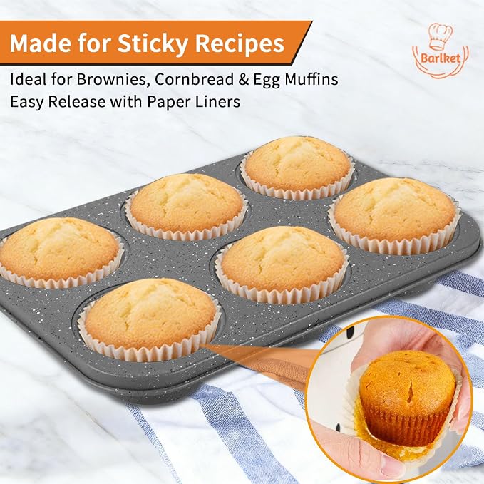2 Pack Jumbo Muffin Pan, 6 Cup Large Cupcake Pan Muffin Tin Grey | Jumbo Muffin Tin extra Large Cupcake Pans with Speckled Granite Coating and Paper Liners, Nonstick Muffin Baking Pans