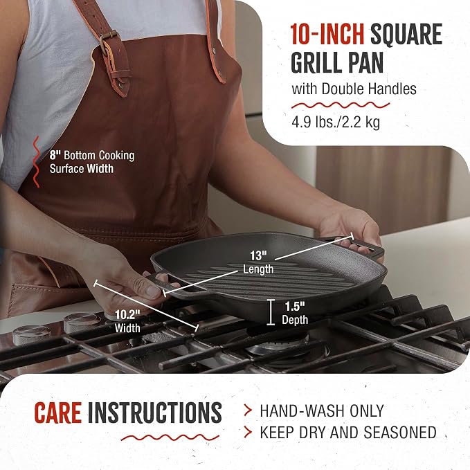 Victoria Cast Iron Square Grill Pan with Double Loop Handles, Made in Colombia, 10 Inches