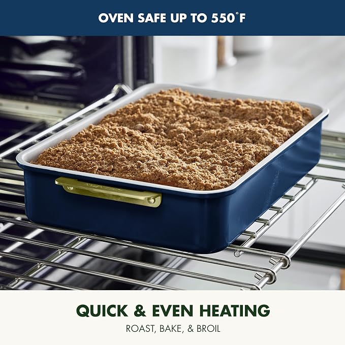 GreenPan Bakeware 13” x 9” Rectangular Cake Pan, Ceramic Nonstick Baking Pan, PFAS & BPA Free, Gold Handles, Durable Steel, Freezer to Oven Dish, Scratch Resistant, Bake & Roast Ovenware, Oxford Blue
