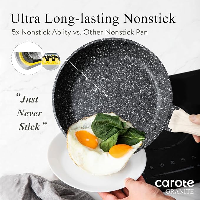 CAROTE 10 inch Non Stick Black Frying Pan Skillet, PFOA-Free | Healthy Non Toxic Granite Kitchen Cookware, All Stovetops Compatible Skillet with Heat-Resistant Handle, Easy to Clean