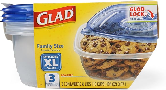 Glad GladWare XL Square Food Storage Containers, 104 Oz, 3 Count | BPA-free, dishwasher-safe containers for leftovers, meal prep, and freezer storage; family-size capacity