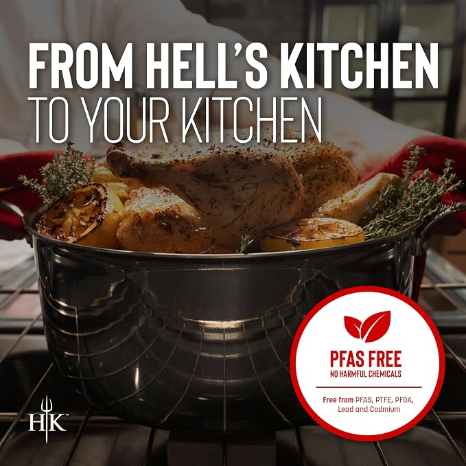 Hell's Kitchen Hybrid 5 Qt Pot and lid, Tri-Clad Stainless Steel and Nonstick Ceramic, PFAS Free, no PFOA, no PTFE, noTeflon, Non Toxic Cookware, Metal Utensil Safe, All Cooktops and Oven Safe | Induction Cookware, Stock Pot With Lid, Tri Clad Stainles...