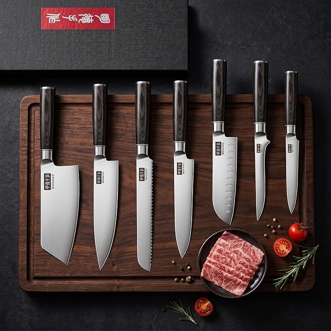 Kitchen Knife Set 7 Pieces, Ultra Sharp Japanese Knife Set Gift Box | High Carbon Stainless Steel Chef Knife Set with Pakkawood Handle, Knives Set for Kitchen & Home Cooking, Dishwasher Safe