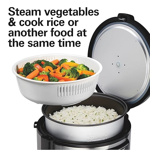Hamilton Beach Digital Programmable Rice Cooker & Food Steamer | 20 Cups Cooked (10 Cups Uncooked) | 14 Pre-Programmed Settings | PFAS-Free Nonstick Pot | Steam Basket | Stainless Steel