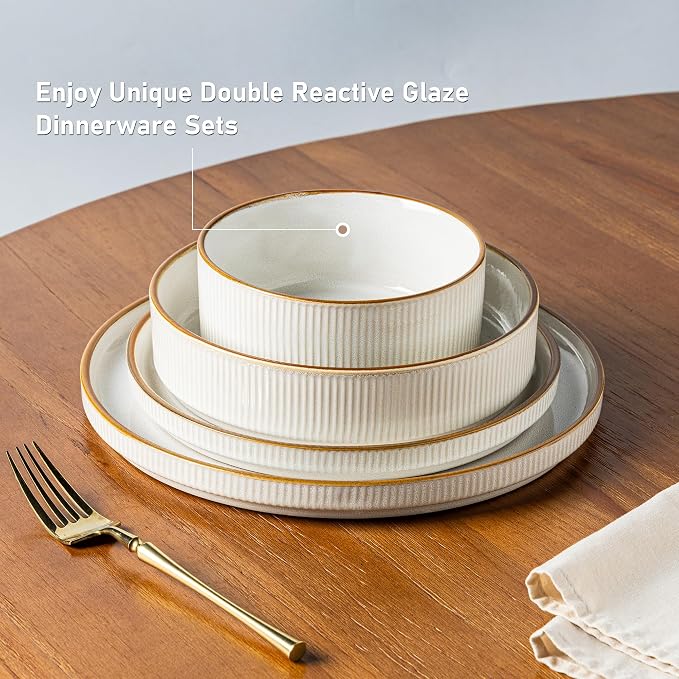 GBHOME Stoneware Dinnerware Sets for 8, 24-Piece Plates and Bowls Set | Handmade Reactive Glaze Ceramic Dish Set, Scratch Resistant, Dishwasher&Microwave Safe,Warm White