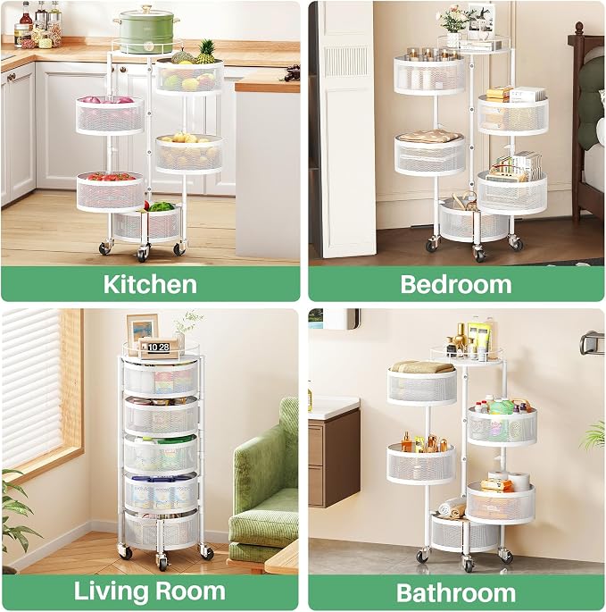 SAYZH 5 Tier Fruit Vegetable Basket Stand for Kitchen, Rotating, White | Rolling Storage Cart with top lid, Large Metal Wire Rack for Potato and Onion Storage