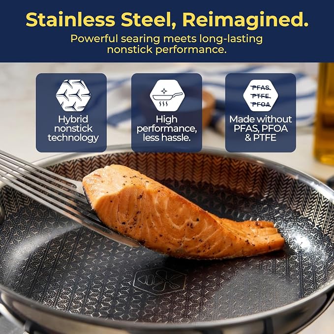 10 Inch Hybrid Nonstick Frying Pan with Lid, Tri-Ply Stainless Steel Pan with Non-Toxic Ceramic Coating, FDA Compliant & PFAS-Free, Dishwasher & Oven Safe, Induction & All Cooktops Compatible
