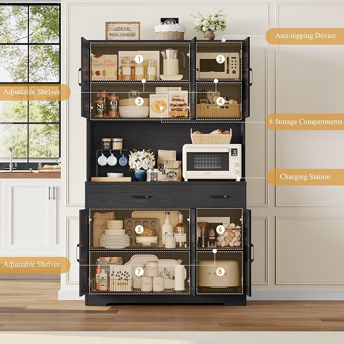 HOSTACK 71" H Kitchen Pantry Storage Cabinet,Farmhouse Hutch Cabinet, Black | Space-Saving Pantry Cabinet with Charging Station & 2 Large Drawers & Adjustable Shelves, Tall Kitchen Hutch, Dining Room
