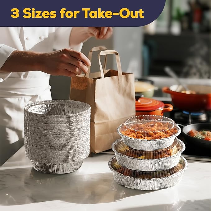 Fit Meal Prep 50 Pack 7" Round Aluminum Foil Pans with Clear Dome Lids, Disposable Pie Tins, Take out Containers, Freezer Oven Safe Baking Pans for Storing, Cooking, Storage
