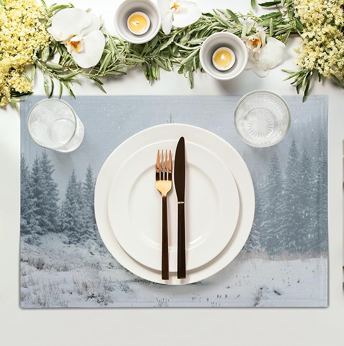 Winter Placemats Set of 4, 12x18 Inch Christmas Pine Tree Snowflake Linen Table Mats Seasonal Washable Farmhouse Place Mats for Kitchen Dining Xmas Holiday Party Decor