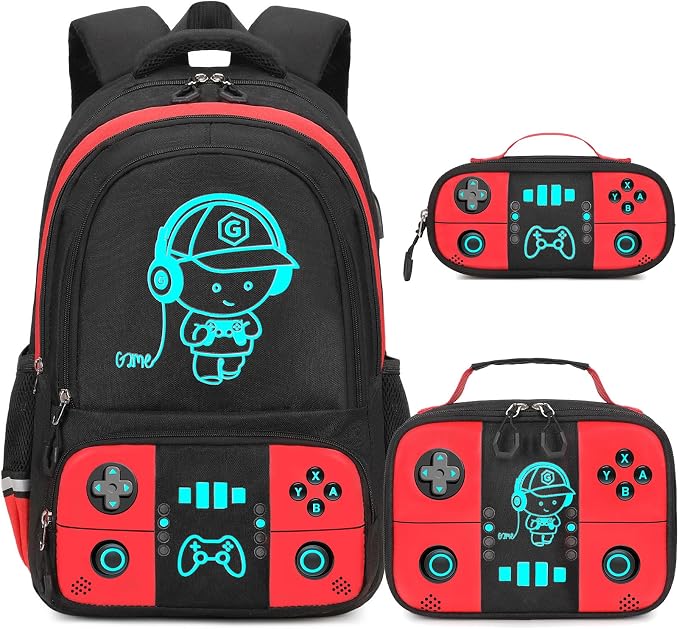 Backpack for School Boys, Cool Luminous Gamer Boys Schoolbag | with Lunch Box & Pencil Case Set for Kids Teens Elementary Middle School, Bookbag Glow In The Dark