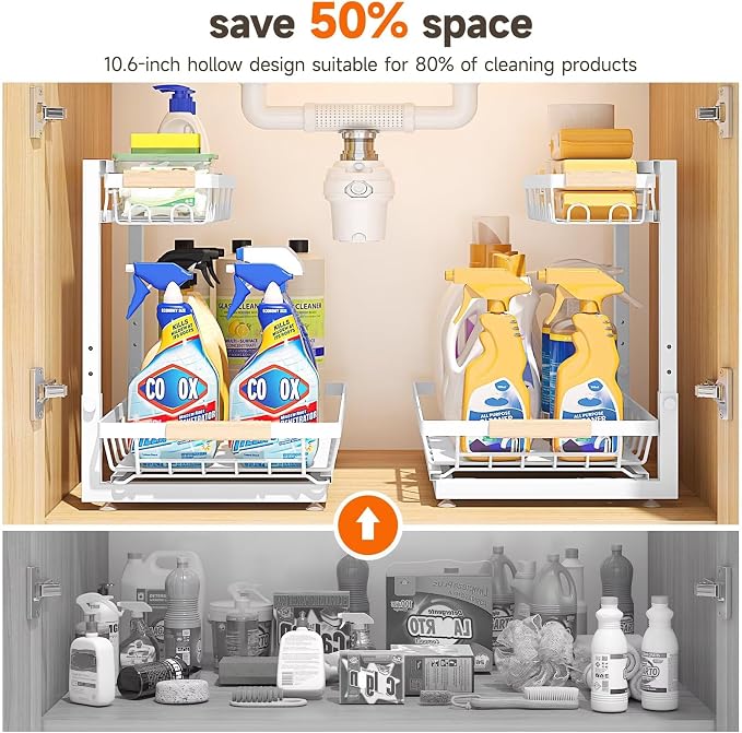 2-Pack 2-Tier Height Adjustable Under Sink Organizer & Storage | Multi-purpose storage for kitchen & bathroom cabinet. Extra Large white shelf, height adjustable design for space-saving.