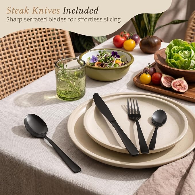Hiware 48-Piece Black Silverware Set for 8, 18/10 Stainless Steel Flatware Cutlery Set with Forks, Knives, Spoons, Steak Knives, Durable and Elegant Design Utensils Tableware - Dishwasher Safe