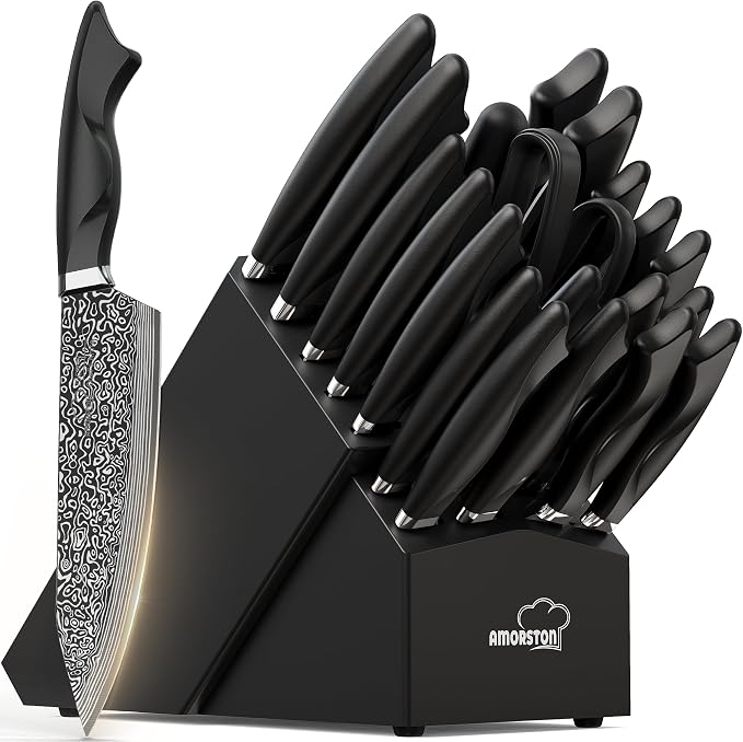 22 Pieces Knife Block Set with Built-in Sharpener | Built-in Sharpener Block, Dishwasher Safe, High Carbon German Stainless Steel, Laser-engrave, Kitchen Weddings Birthdays Gift