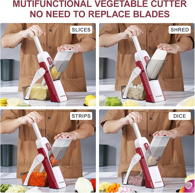 5 in 1 Adjustable Safe Mandoline Slicer for Kitchen with Paring Knife | Safe Mandoline Slicer for Kitchen, Easy to Clean/Storage, Potato Slicing, Strips, Shredding, Dicing, Chop, Cleaning brush