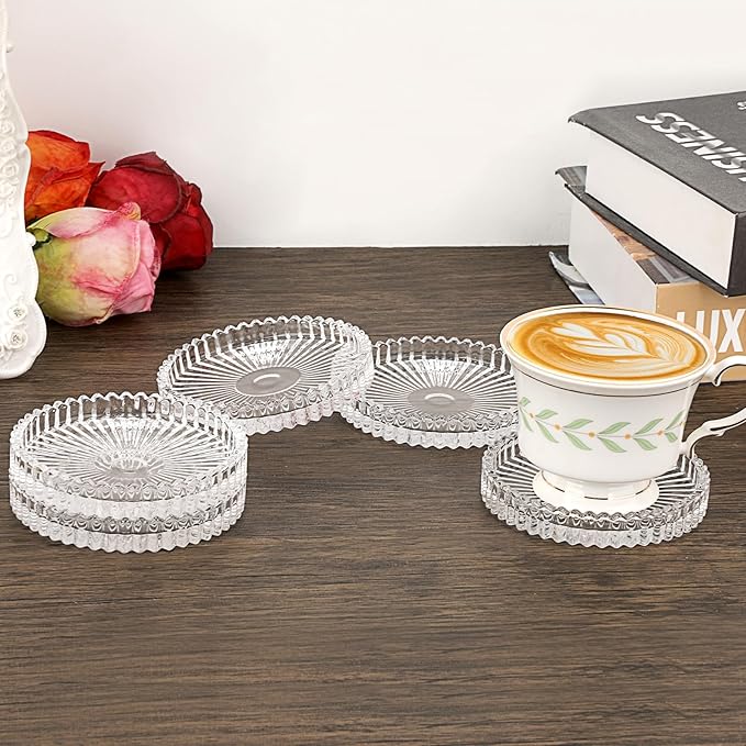 Modern Clear Coaster Set of 5- Glass Coasters for Drinks, Crystal Clear | Crystal Coasters Round Cup Mat Coffee Table Decor for Office, Kitchen, Bar, Dining Room, Living Room, Patio